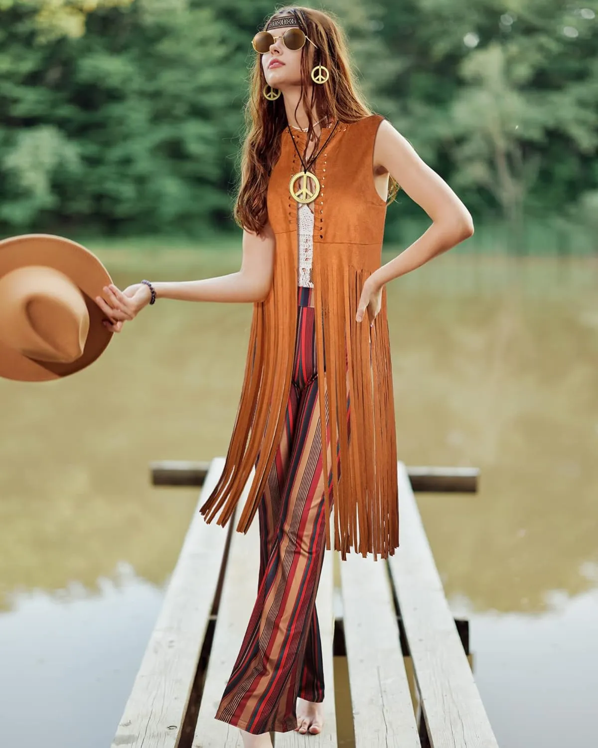 7 Pcs 60s 70s Outfits for Women Mardi Gras Cosplay Set Carnival Hippie Costume Set Fringe Vest Flared Pant Peace Sign