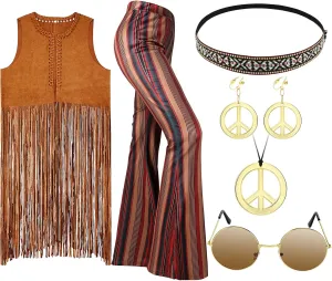 7 Pcs 60s 70s Outfits for Women Mardi Gras Cosplay Set Carnival Hippie Costume Set Fringe Vest Flared Pant Peace Sign