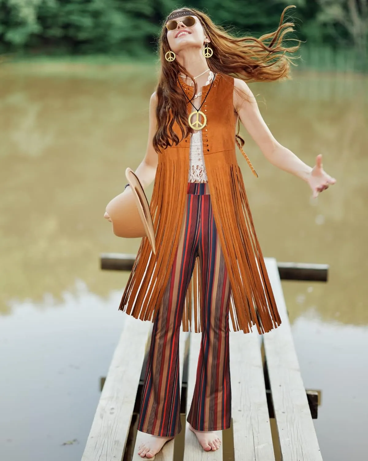 7 Pcs 60s 70s Outfits for Women Mardi Gras Cosplay Set Carnival Hippie Costume Set Fringe Vest Flared Pant Peace Sign