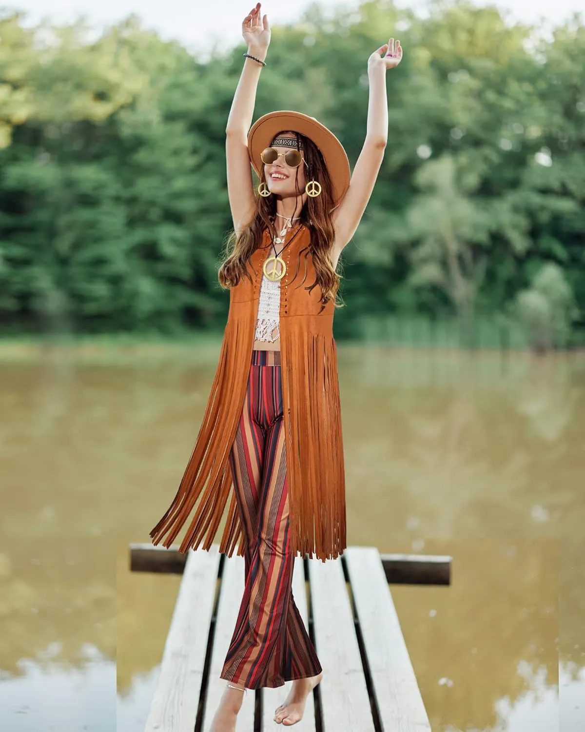 7 Pcs 60s 70s Outfits for Women Mardi Gras Cosplay Set Carnival Hippie Costume Set Fringe Vest Flared Pant Peace Sign