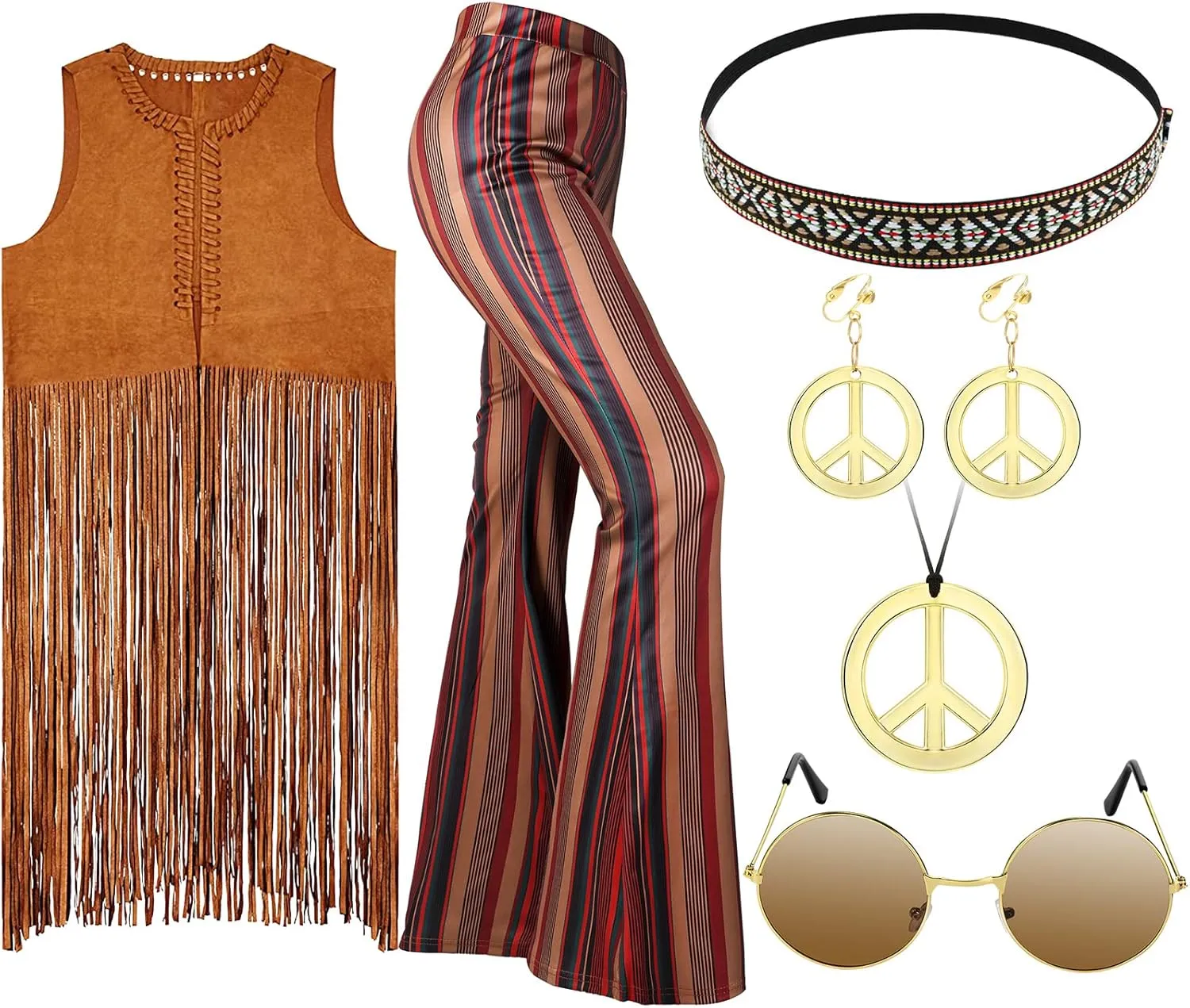 7 Pcs 60s 70s Outfits for Women Mardi Gras Cosplay Set Carnival Hippie Costume Set Fringe Vest Flared Pant Peace Sign