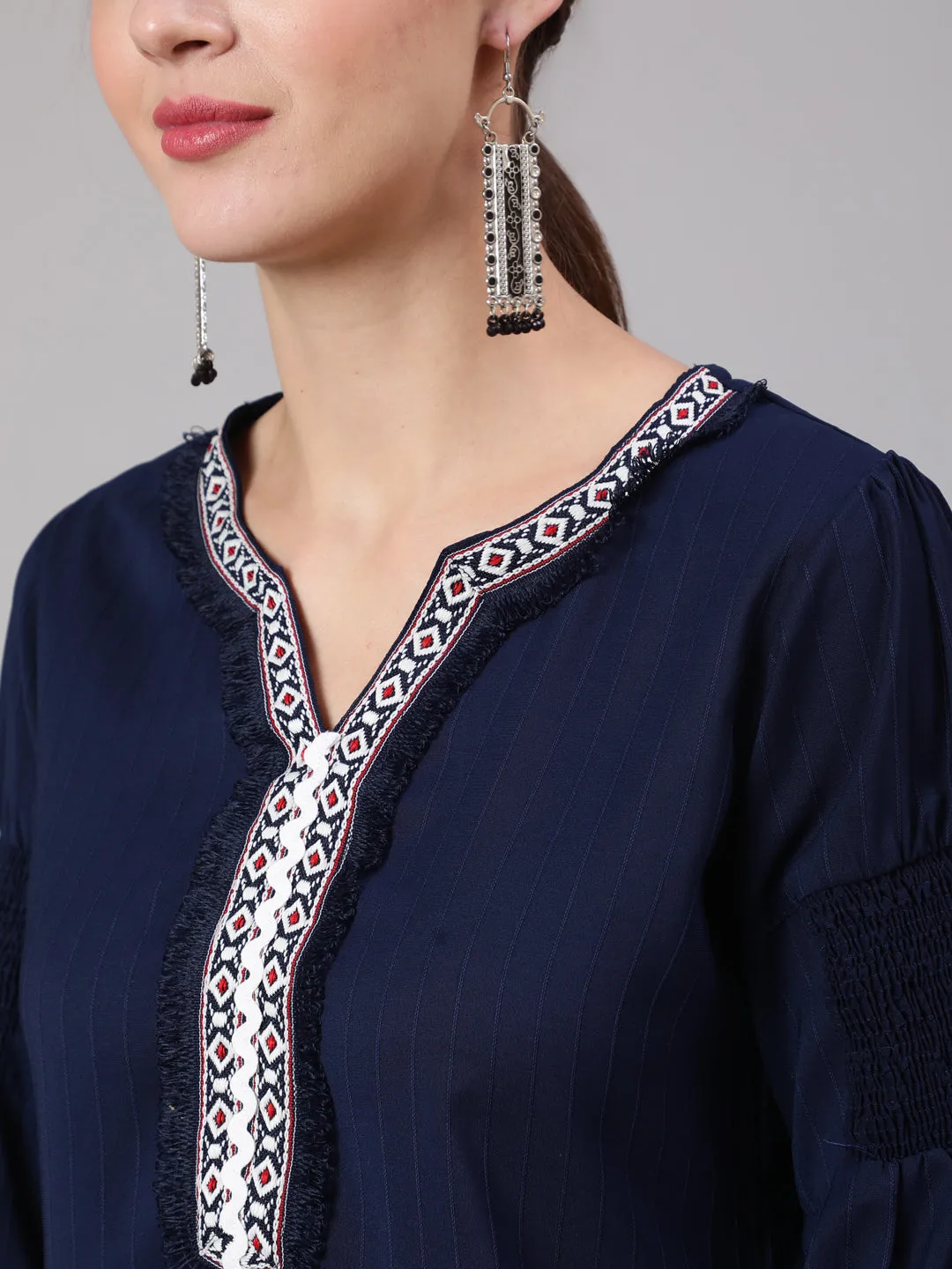 A Blue Poly Silk Lace Embellished Top With Smocked Sleeves With Wide-Leg White Pants