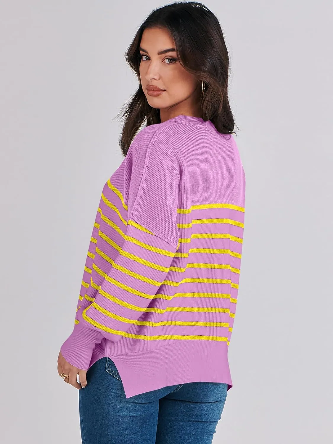 ANRABESS Womens Oversized Sweaters Fall 2025 Fashion Crewneck Batwing Long Sleeve Side Slit Knit Pullover Sweater Tops