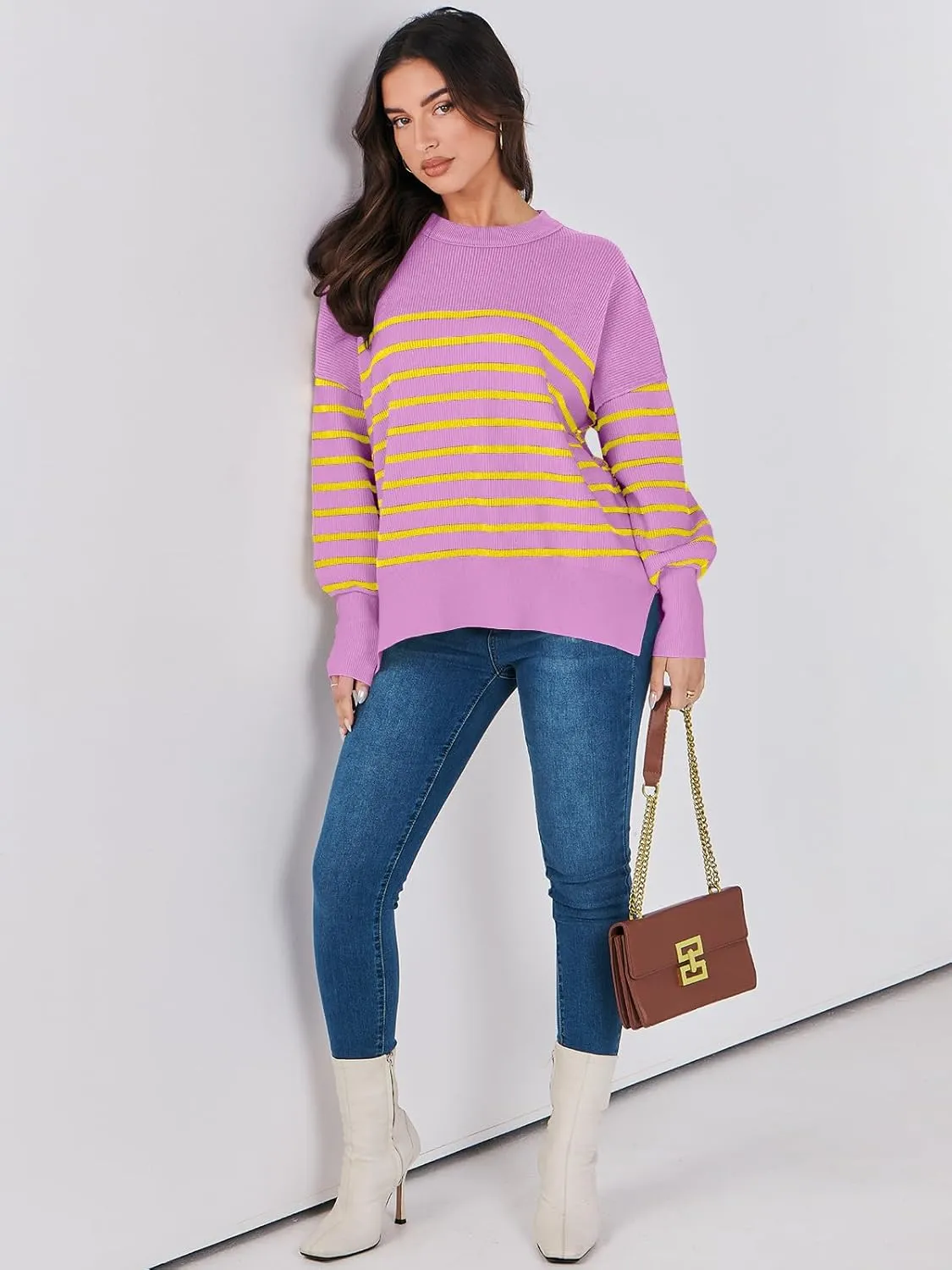 ANRABESS Womens Oversized Sweaters Fall 2025 Fashion Crewneck Batwing Long Sleeve Side Slit Knit Pullover Sweater Tops