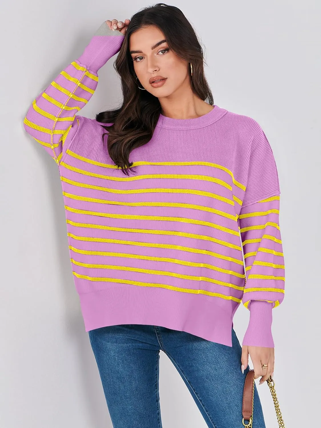 ANRABESS Womens Oversized Sweaters Fall 2025 Fashion Crewneck Batwing Long Sleeve Side Slit Knit Pullover Sweater Tops