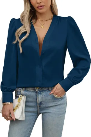 Blouses for Women Business Casual Tops Satin Silk V Neck Long Sleeve Button Down Shirts Work Blouses