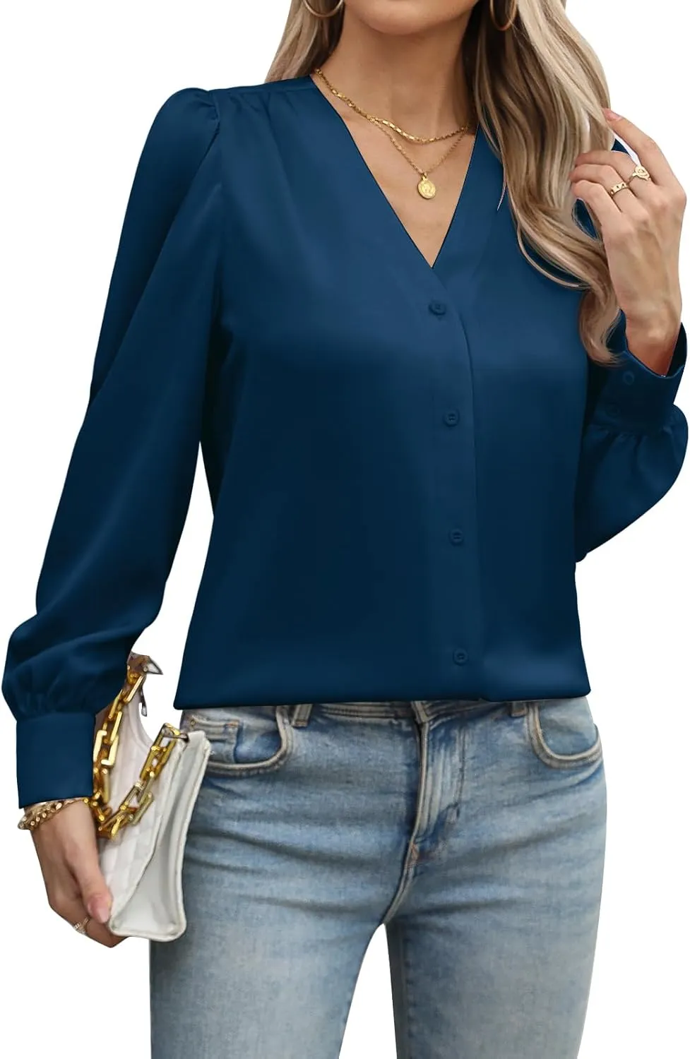 Blouses for Women Business Casual Tops Satin Silk V Neck Long Sleeve Button Down Shirts Work Blouses