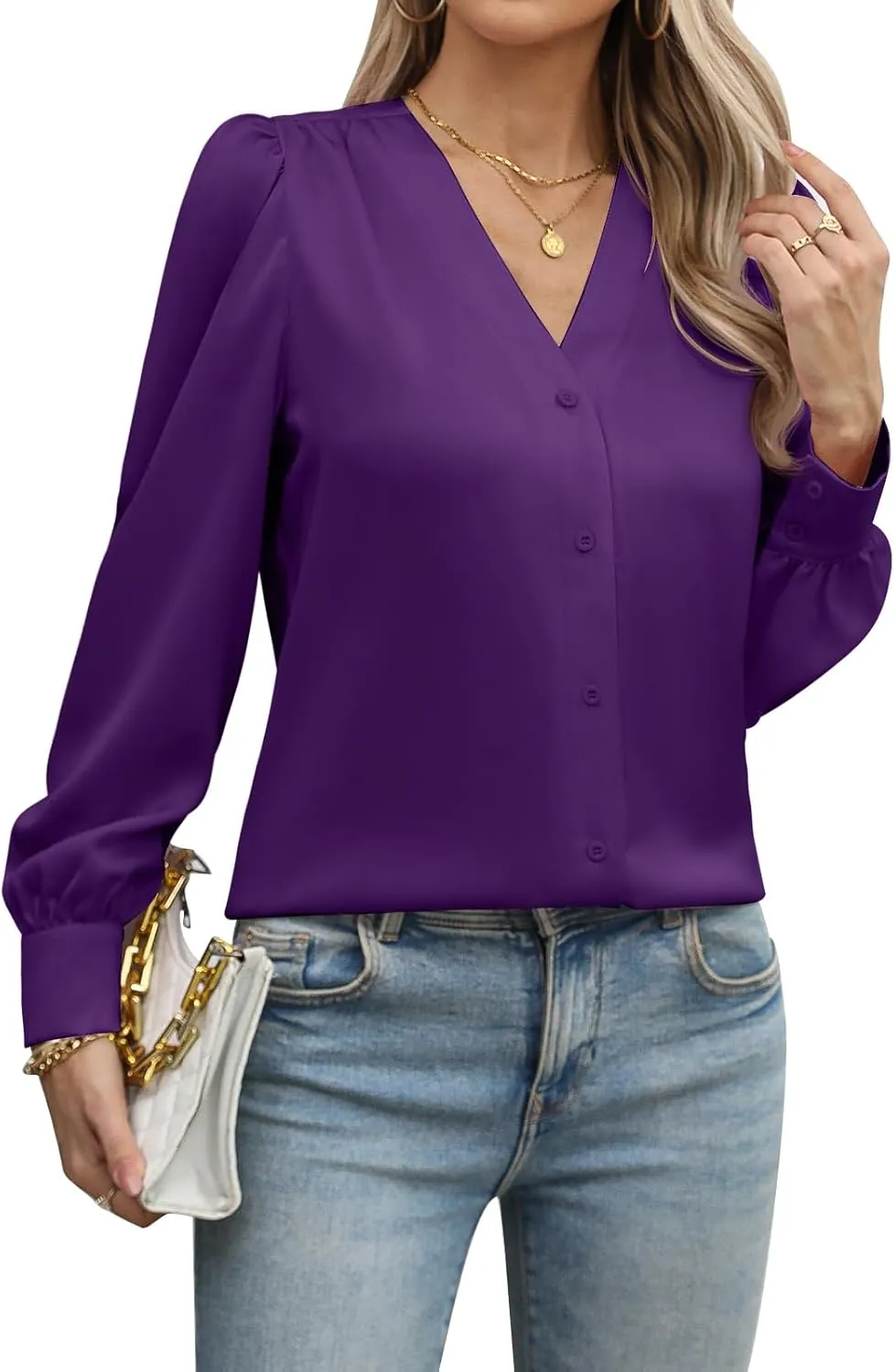 Blouses for Women Business Casual Tops Satin Silk V Neck Long Sleeve Button Down Shirts Work Blouses