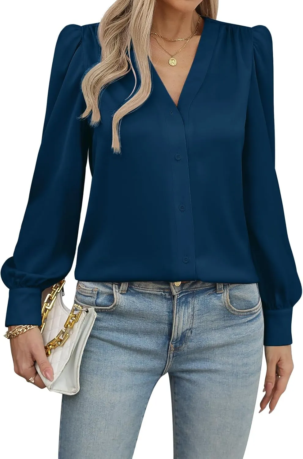 Blouses for Women Business Casual Tops Satin Silk V Neck Long Sleeve Button Down Shirts Work Blouses