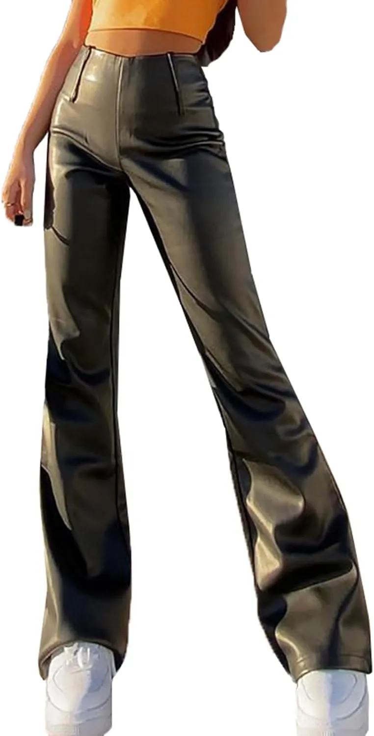 cffvdiz Women Faux Leather Pants High Waist Zipper Bootcut Pants PU Flared Trousers