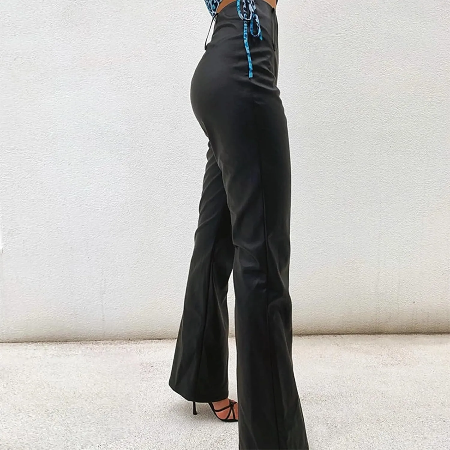 cffvdiz Women Faux Leather Pants High Waist Zipper Bootcut Pants PU Flared Trousers
