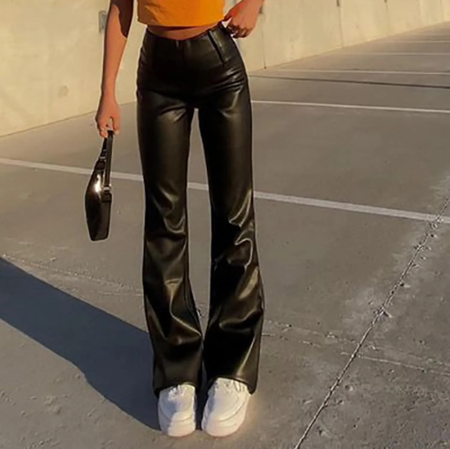 cffvdiz Women Faux Leather Pants High Waist Zipper Bootcut Pants PU Flared Trousers