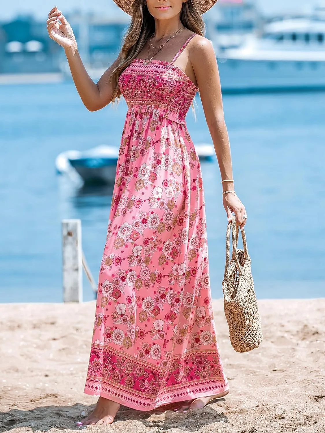 CUPSHE Women's Maxi Dress Ditsy Floral Smocked Summer Sundress Sleeveless Ruffled Spaghetti Straps Long Beach Formal Dress