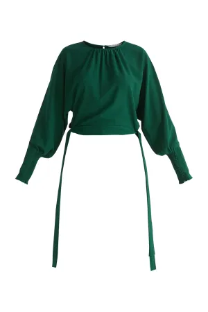 Dark Green Waist Tie Top With Shirred Cuffs