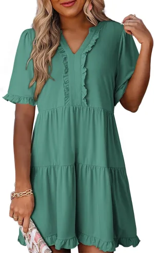 Dokotoo Womens Dresses 2025 Summer Spring V Neck Short Sleeve Casual A Line Flowy Swing Shift Dress Mini Dress
