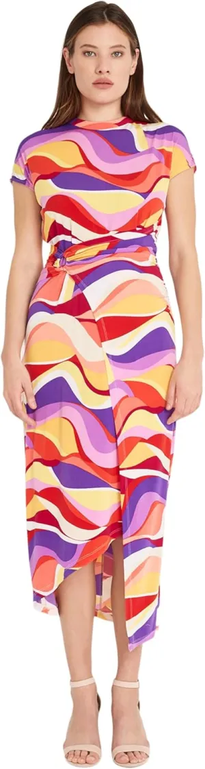 Donna Morgan Women's Short Sleeve Mock Neck Wrap Look with Asymmetric High Low Midi Hem