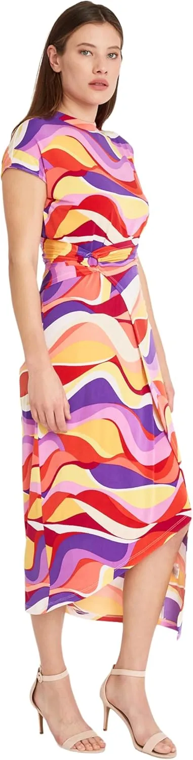 Donna Morgan Women's Short Sleeve Mock Neck Wrap Look with Asymmetric High Low Midi Hem