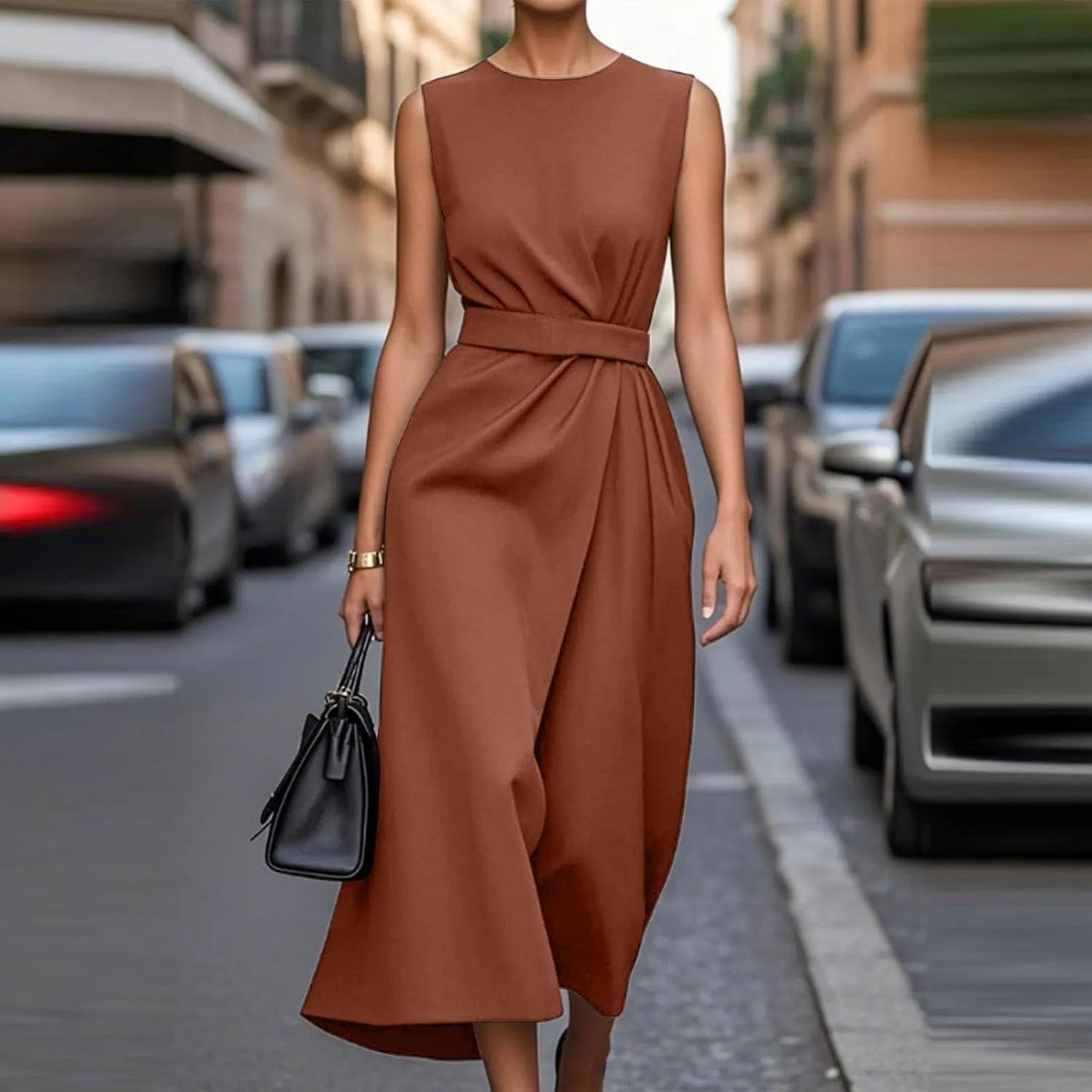 Dresses for Women 2025 Elegant Classy Sleeveless Crewneck Maxi Dresses Waist Belt A Line Dress Wedding Guest Dress