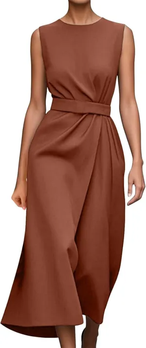 Dresses for Women 2025 Elegant Classy Sleeveless Crewneck Maxi Dresses Waist Belt A Line Dress Wedding Guest Dress