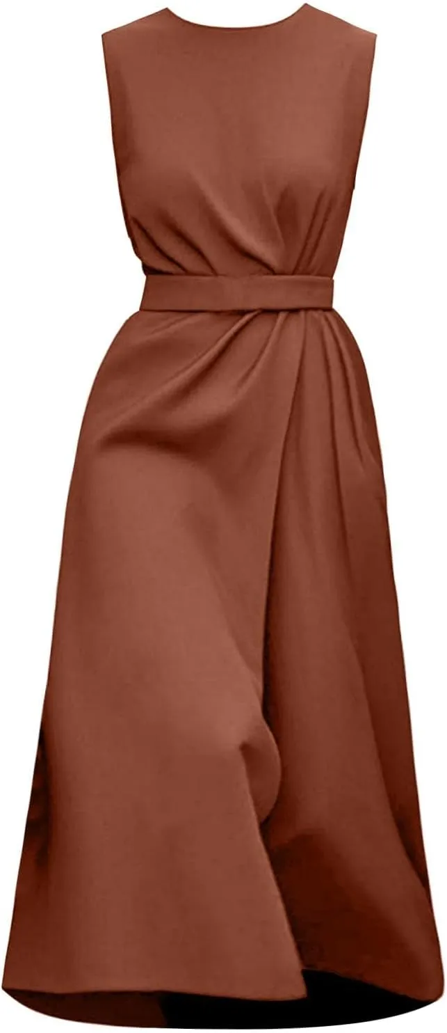 Dresses for Women 2025 Elegant Classy Sleeveless Crewneck Maxi Dresses Waist Belt A Line Dress Wedding Guest Dress