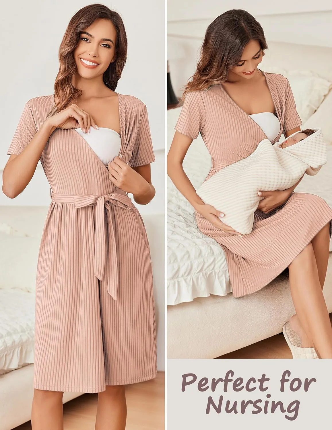 Ekouaer Women Short Sleeve Maternity Nursing Dress Casual V Neck Breastfeeding Loungewear Ribbed Knit Pregnancy Dresses S-XXL