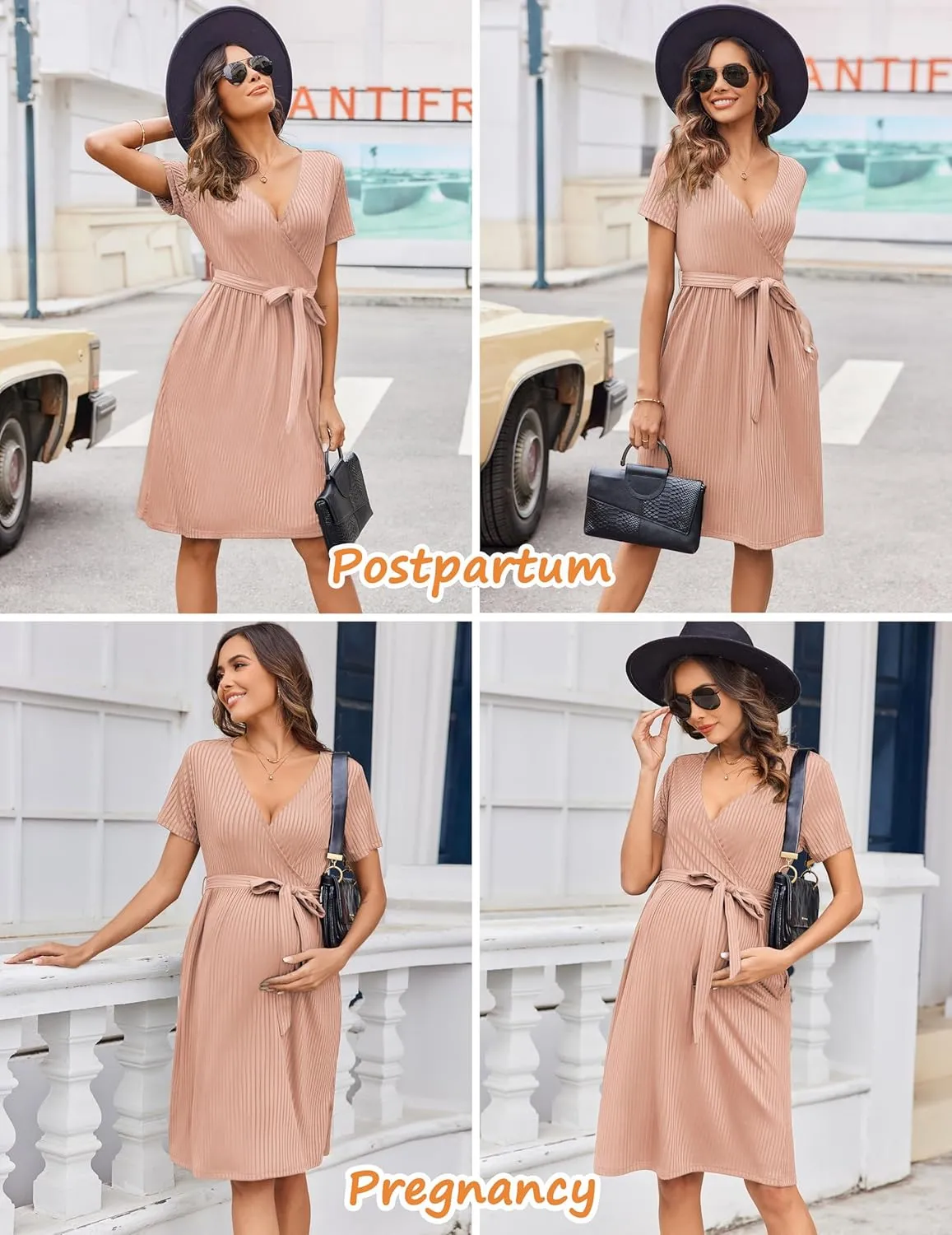 Ekouaer Women Short Sleeve Maternity Nursing Dress Casual V Neck Breastfeeding Loungewear Ribbed Knit Pregnancy Dresses S-XXL