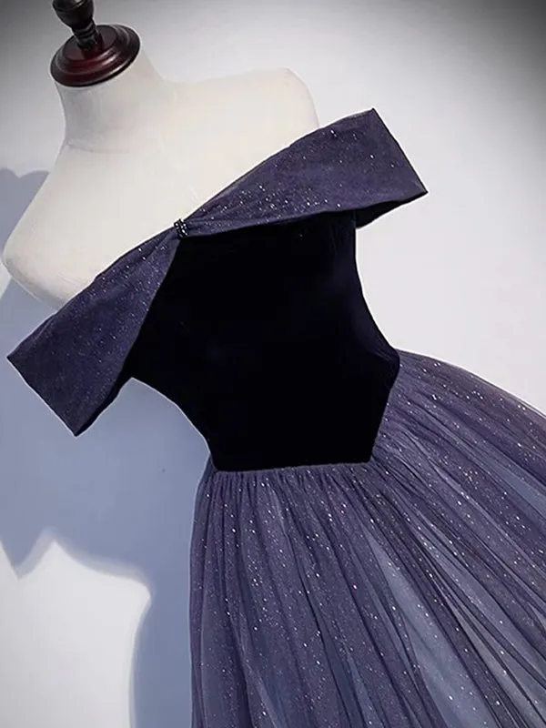 Elegant Navy Blue Sparkly A-line Off-shoulder Long Prom Dress, PD2349