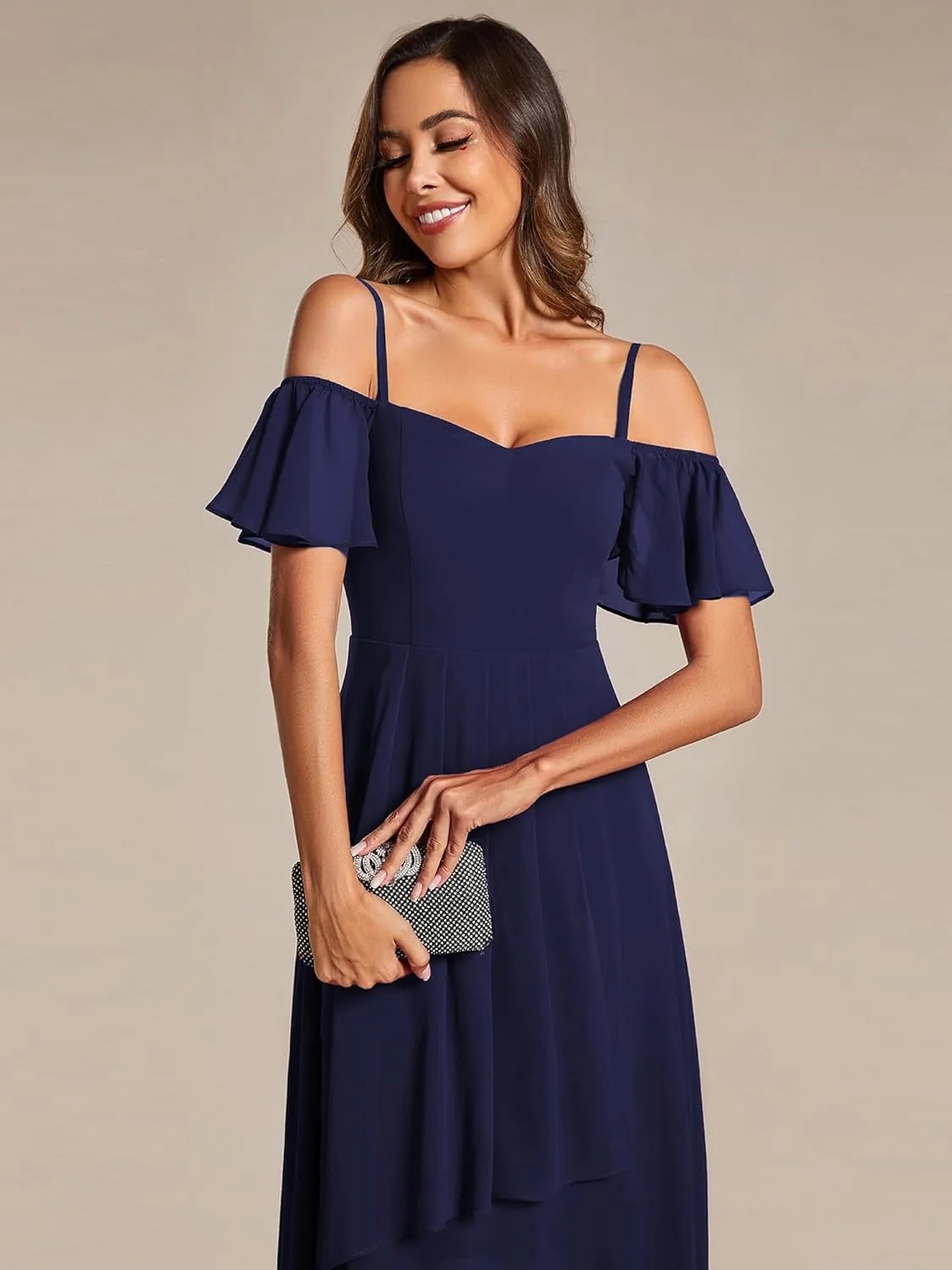 Ever-Pretty Women's Summer Cold Shoulder Hi-Lo Asymmetrical Hem Flowy Chiffon Short Wedding Guest Dress 02103