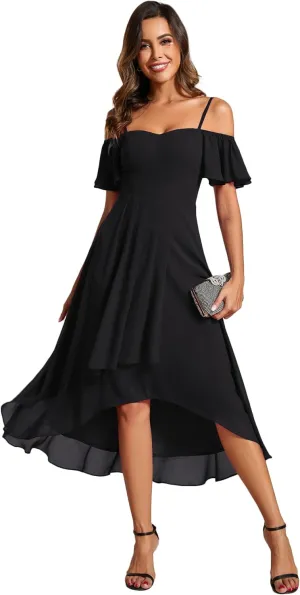 Ever-Pretty Women's Summer Cold Shoulder Hi-Lo Asymmetrical Hem Flowy Chiffon Short Wedding Guest Dress 02103