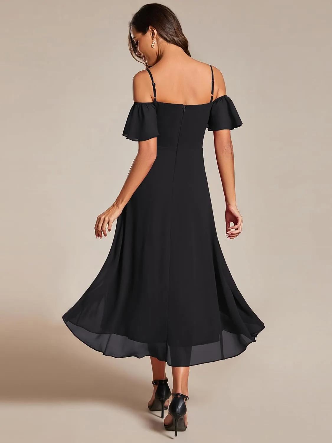 Ever-Pretty Women's Summer Cold Shoulder Hi-Lo Asymmetrical Hem Flowy Chiffon Short Wedding Guest Dress 02103