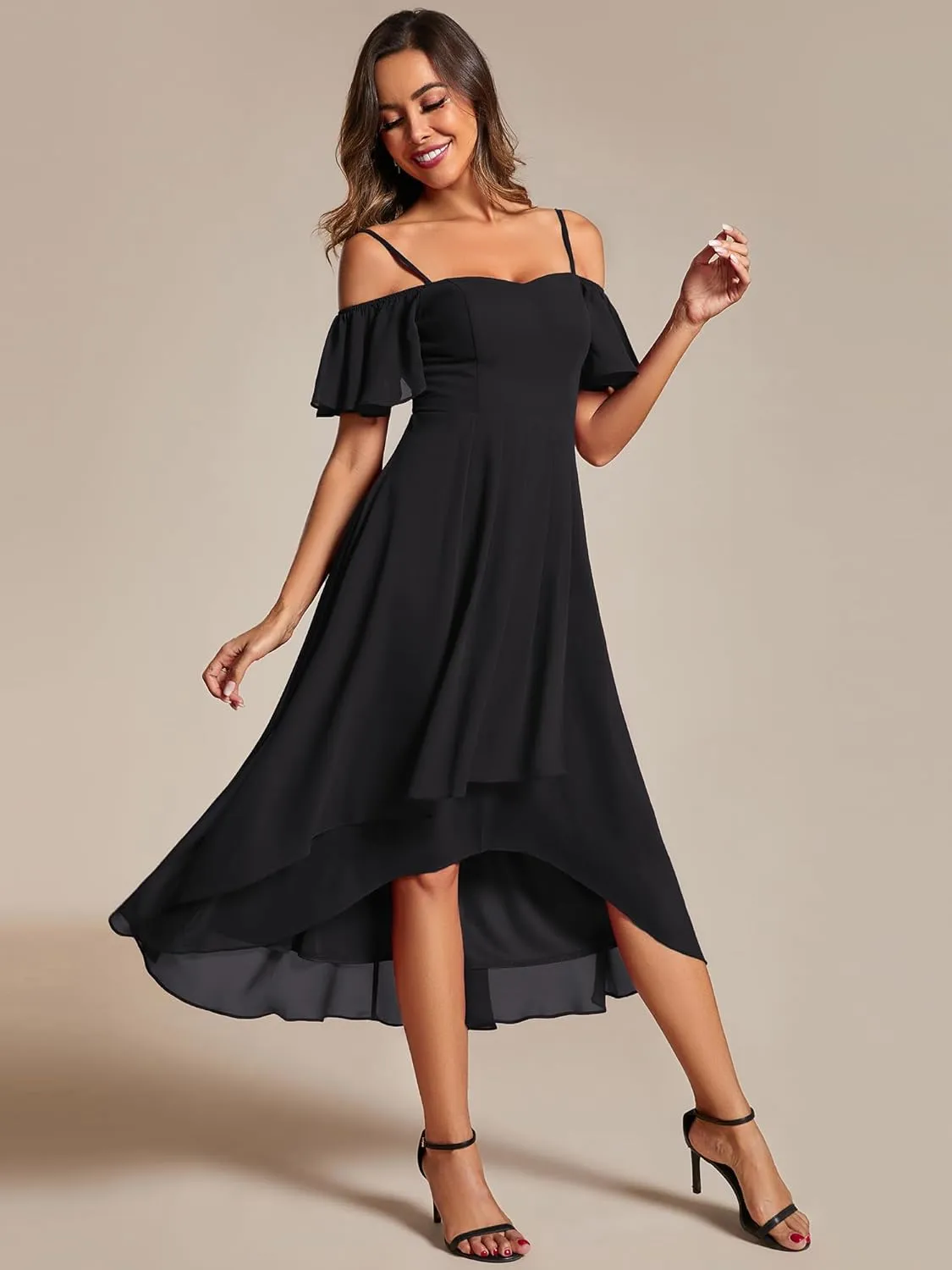 Ever-Pretty Women's Summer Cold Shoulder Hi-Lo Asymmetrical Hem Flowy Chiffon Short Wedding Guest Dress 02103