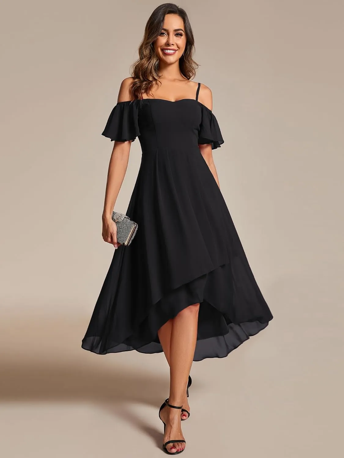 Ever-Pretty Women's Summer Cold Shoulder Hi-Lo Asymmetrical Hem Flowy Chiffon Short Wedding Guest Dress 02103