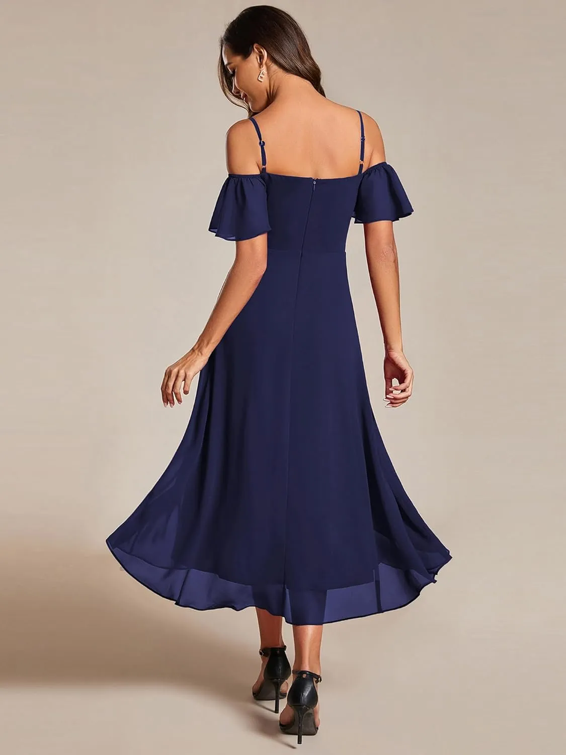 Ever-Pretty Women's Summer Cold Shoulder Hi-Lo Asymmetrical Hem Flowy Chiffon Short Wedding Guest Dress 02103