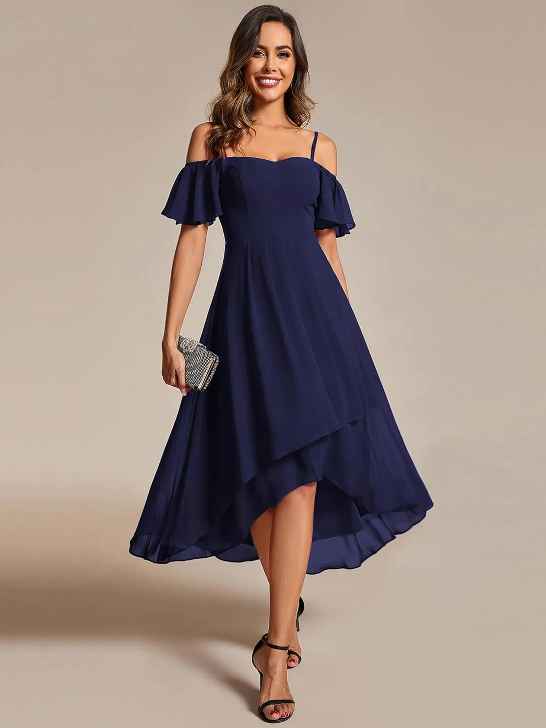 Ever-Pretty Women's Summer Cold Shoulder Hi-Lo Asymmetrical Hem Flowy Chiffon Short Wedding Guest Dress 02103