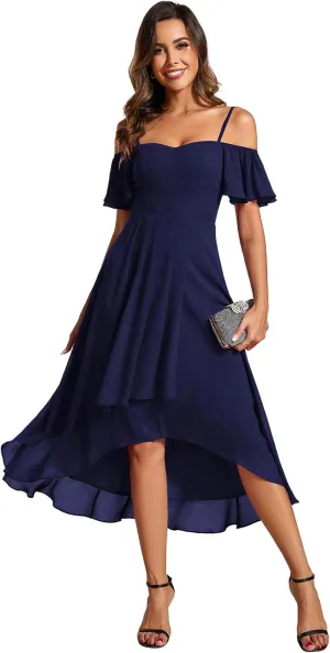 Ever-Pretty Women's Summer Cold Shoulder Hi-Lo Asymmetrical Hem Flowy Chiffon Short Wedding Guest Dress 02103