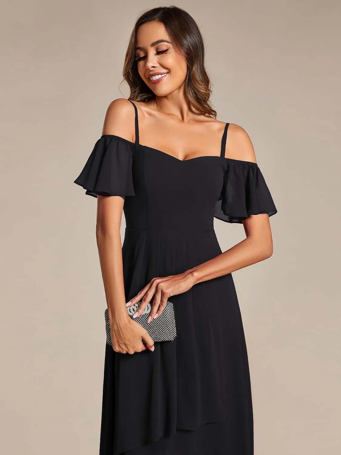 Ever-Pretty Women's Summer Cold Shoulder Hi-Lo Asymmetrical Hem Flowy Chiffon Short Wedding Guest Dress 02103