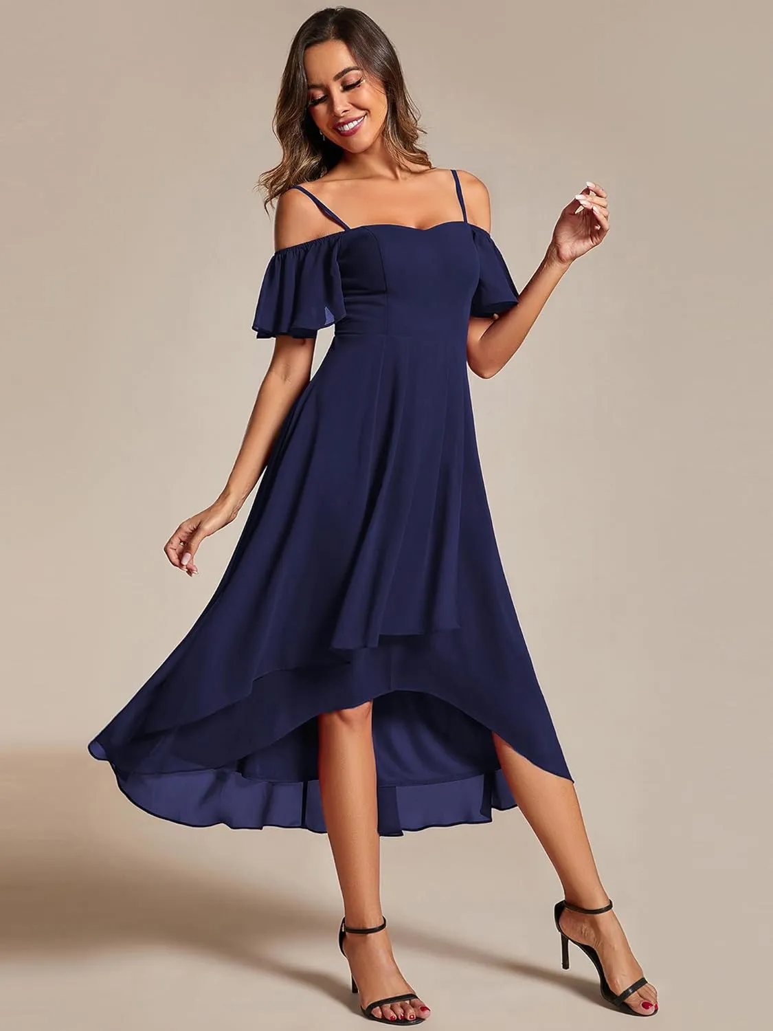 Ever-Pretty Women's Summer Cold Shoulder Hi-Lo Asymmetrical Hem Flowy Chiffon Short Wedding Guest Dress 02103
