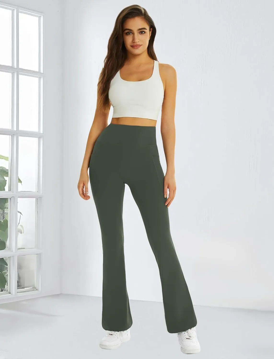 FireSwan Women's Flare Yoga Pants with Pockets High Waist Flared Leggings Bootcut Gym Workout Pants Tummy Control