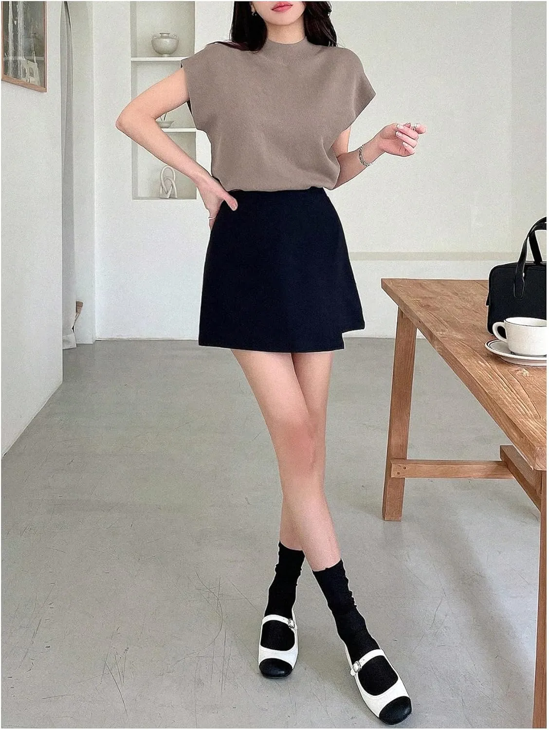 GORGLITTER Women's Cap Sleeve Mock Neck Knit Tops Basic Short Sleeve Sweater Knitwear