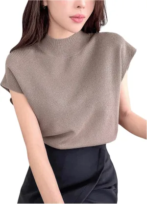 GORGLITTER Women's Cap Sleeve Mock Neck Knit Tops Basic Short Sleeve Sweater Knitwear