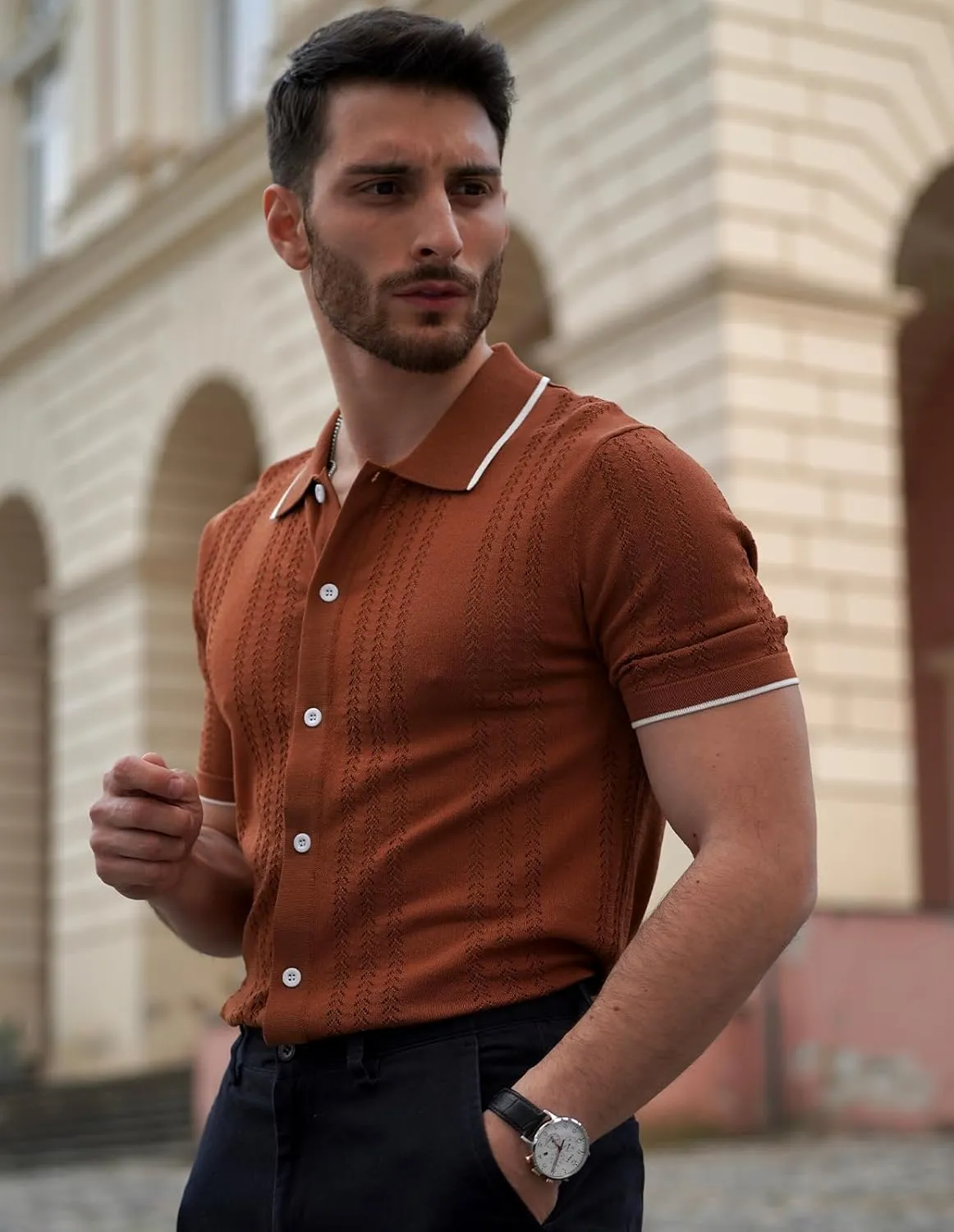 GRACE KARIN Men's Knit Polo Shirt Breathable Hollow Out Casual Button Down Shirts