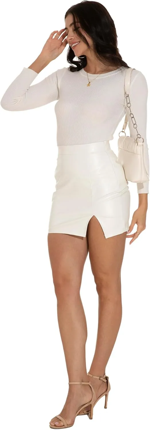 GUANYY Womens Leather Skirt High Waisted Stretchy Slit Faux Pleather Bodycon Party Mini Skirts