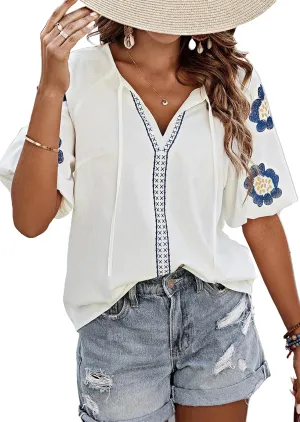 HVEPUO Summer Puff Short Sleeve Shirts for Women V Neck Boho Vacation Floral Embroidered Blouses Casual Cute Going Out Tops