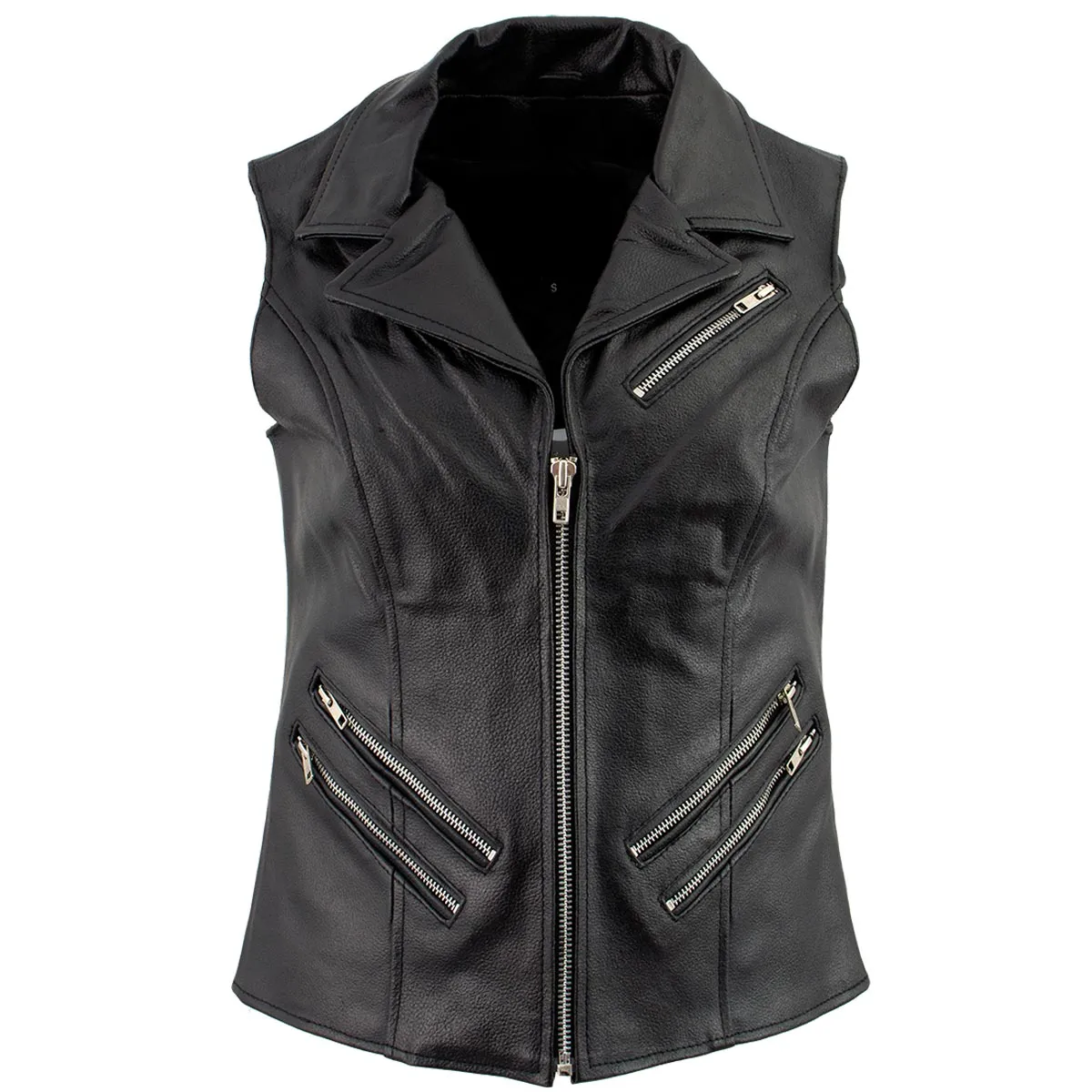 Ladies XS773 Black Zippered M/C Lapel Leather Vest