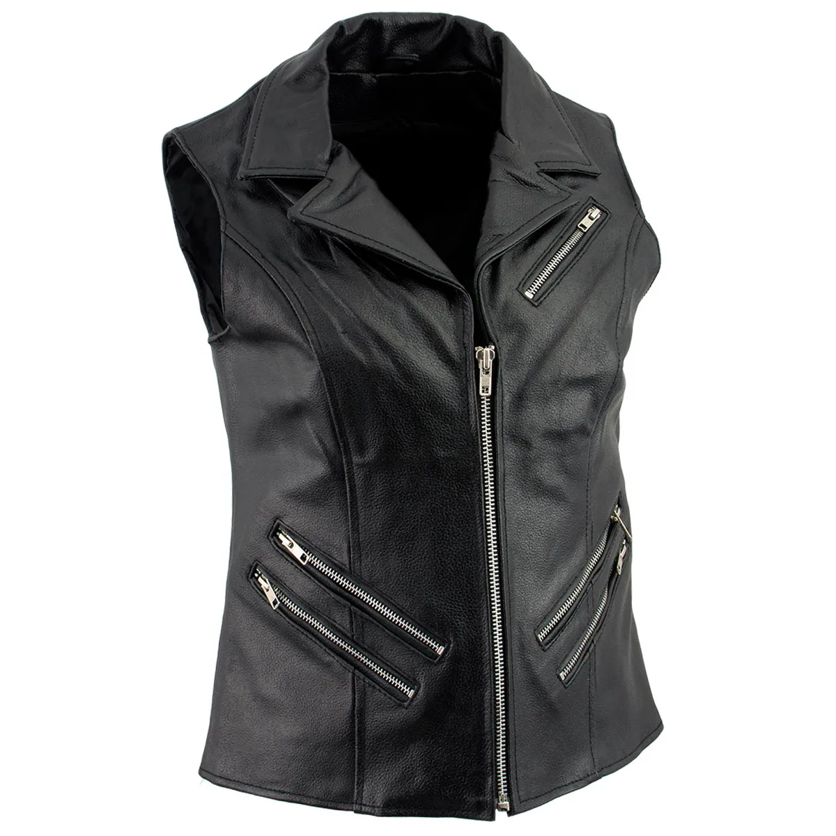 Ladies XS773 Black Zippered M/C Lapel Leather Vest