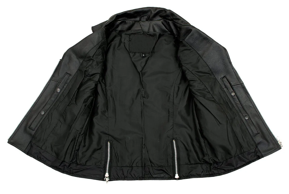 Ladies XS773 Black Zippered M/C Lapel Leather Vest