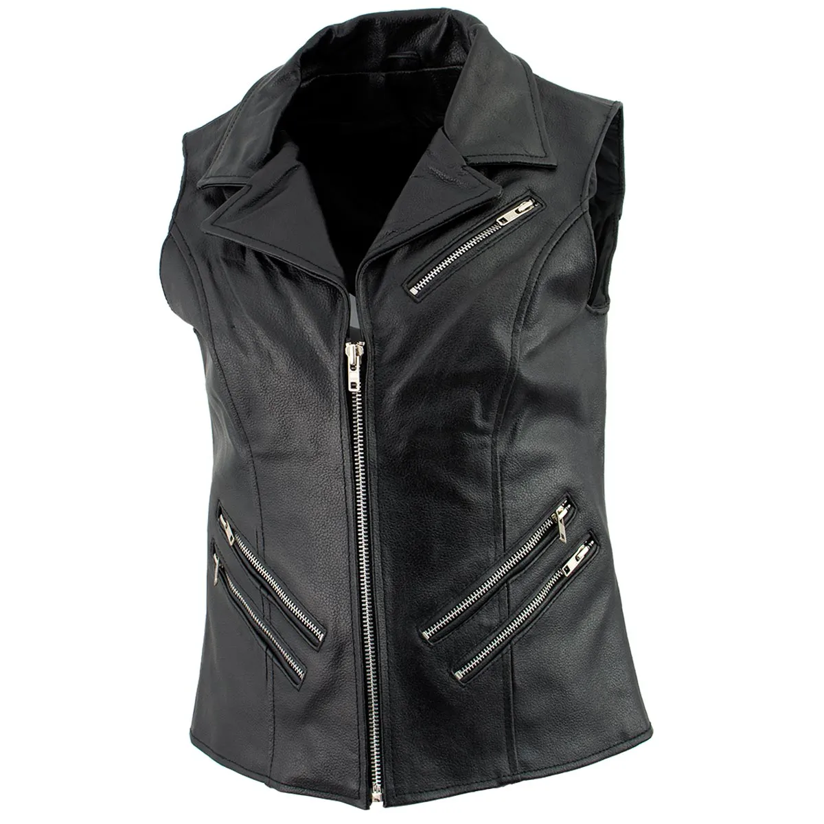 Ladies XS773 Black Zippered M/C Lapel Leather Vest
