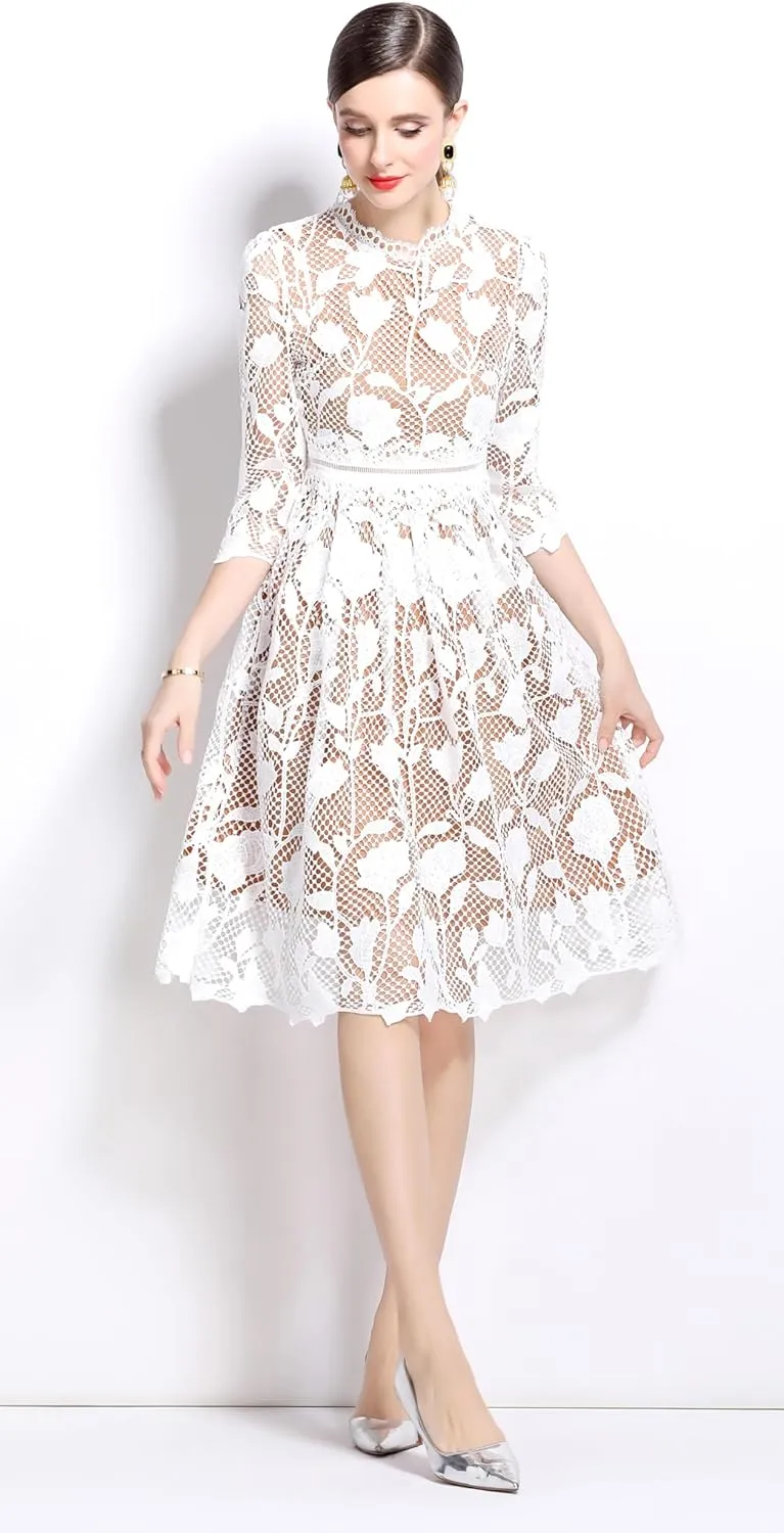 LAI MENG FIVE CATS Womens 3/4 Sleeve Flowy Lace Floral Elegant Crew Neck Crochet Waist Party Dress