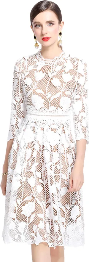 LAI MENG FIVE CATS Womens 3/4 Sleeve Flowy Lace Floral Elegant Crew Neck Crochet Waist Party Dress