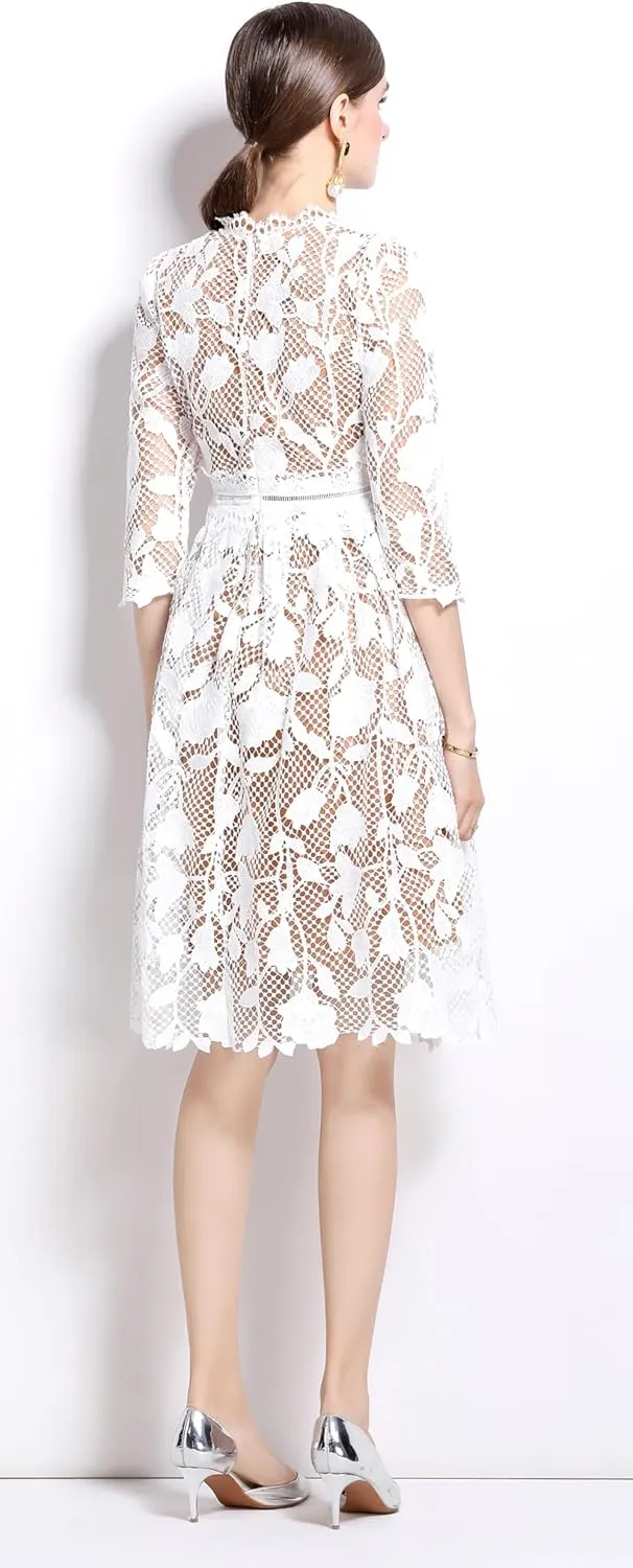 LAI MENG FIVE CATS Womens 3/4 Sleeve Flowy Lace Floral Elegant Crew Neck Crochet Waist Party Dress